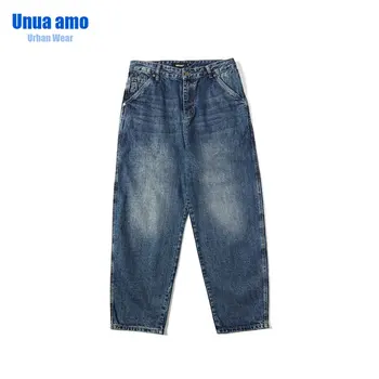 Японские Ретро Уличные Простые Джинсы Nine Point Jeans Для Мужчин, Трендовые Однотонные Выстиранные Свободные Хлопчатобумажные Джинсовые Брюки Весна-Осень джинсы