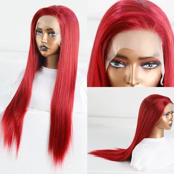 Ярко-красные синтетические парики с кружевом спереди, Бесклеевые Прямые, из высококачественного термостойкого волокна, с предварительно выщипанной линией роста волос сбоку для женщины