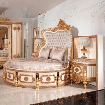 круглая кровать из цельного дерева, французская большая семейная резная кровать, главная спальня, принцесса, двуспальная свадебная кровать, мебель на заказ
